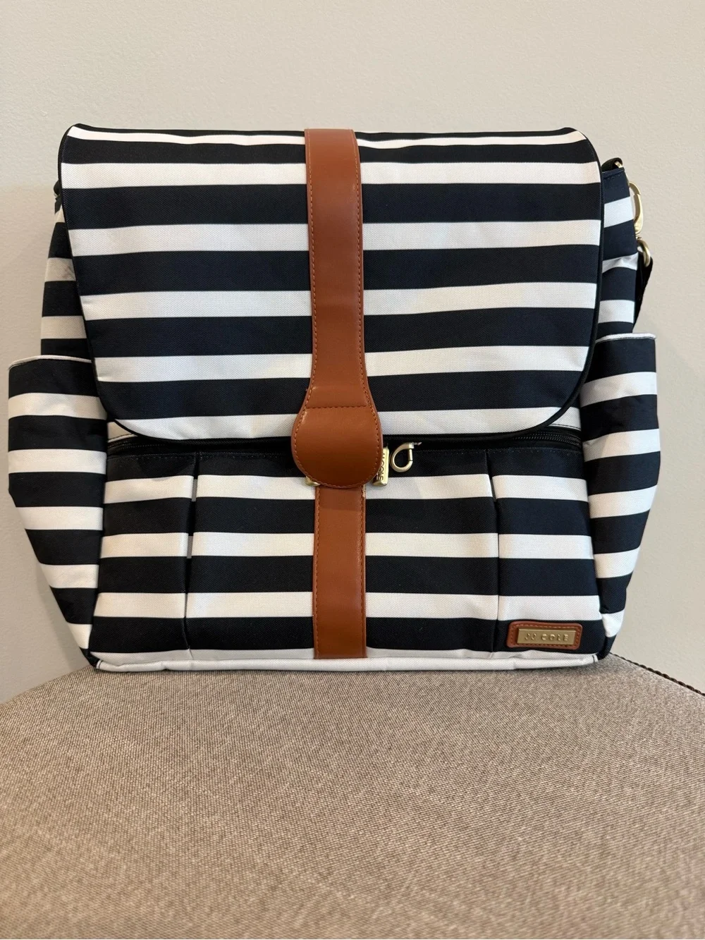 JJ Cole Black & White Striped Diaper Bag with Brown Trim